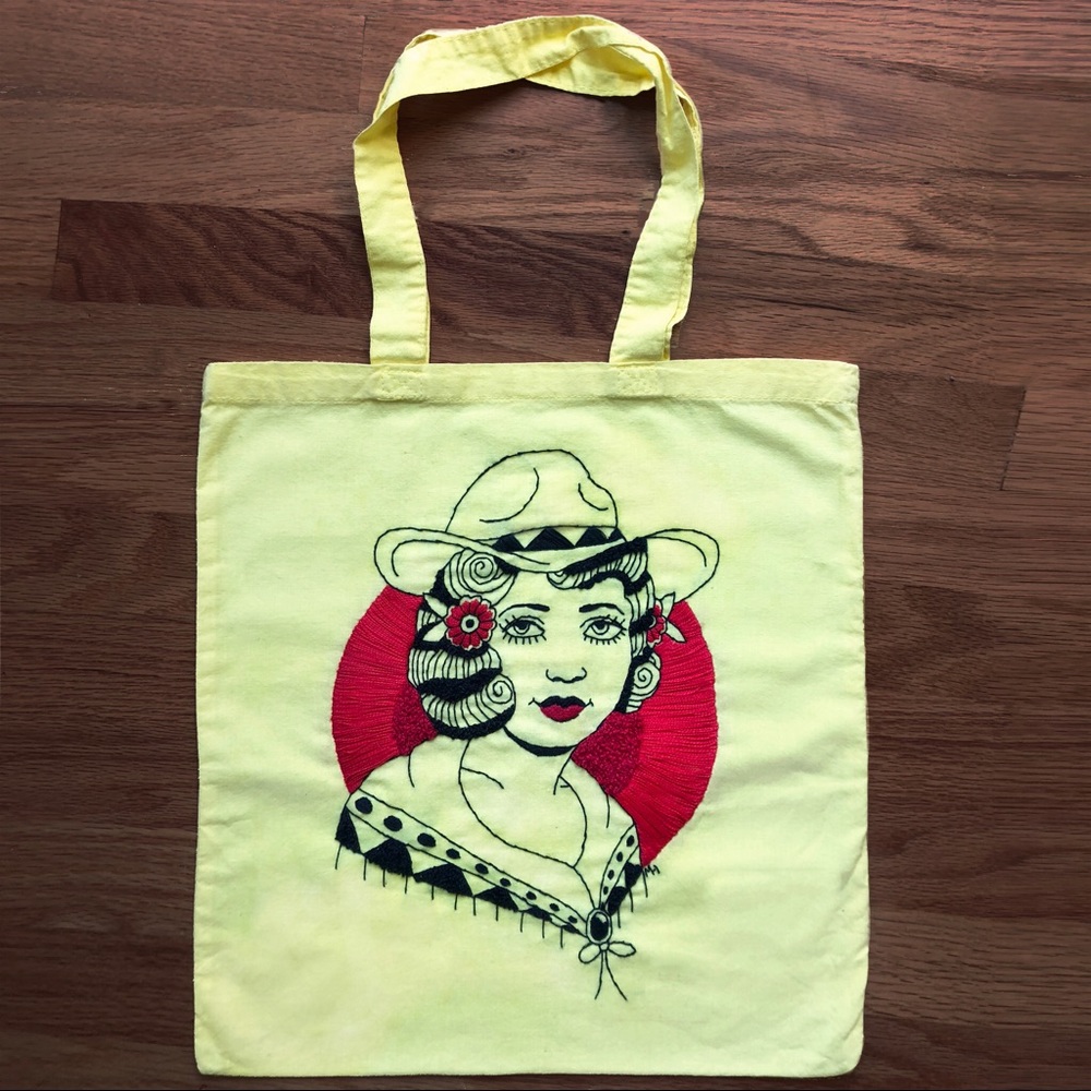 Hand Embroidered Cowgirl Tote Bag